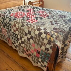Vintage Twin Patchwork Quilt ~ Brown, Red Coverlet, Fitted